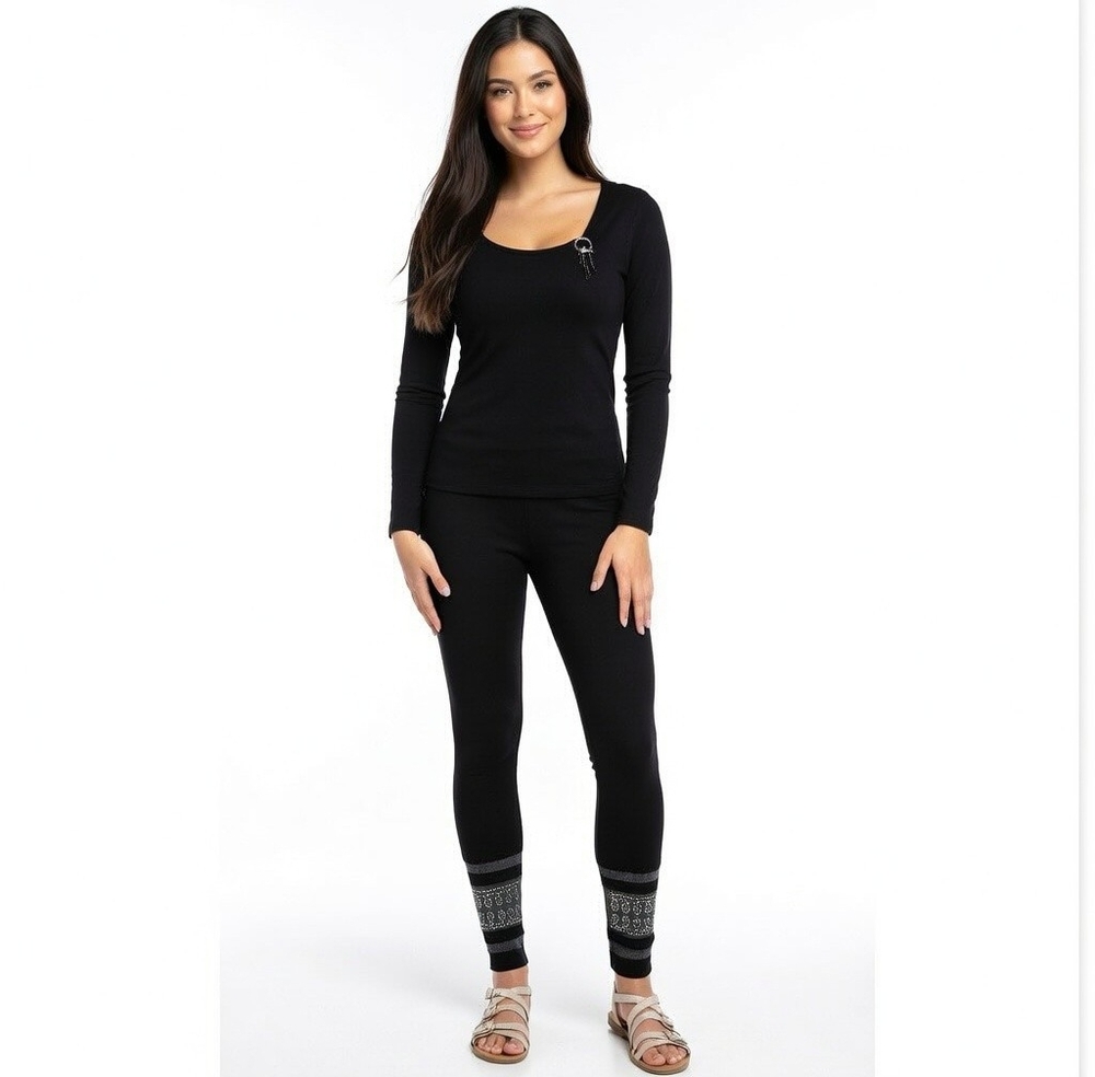 F&F Women's Black Silver Ornament Leggings M Nylon Spandex Stretch Activewear VG
